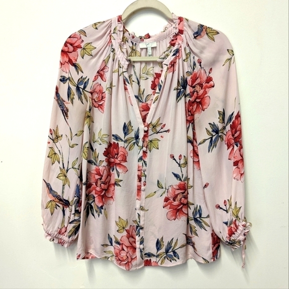 Joie Tops - JOIE 100% Silk Pink Floral Blouse V Neck Gathered Sleeves S Romantic